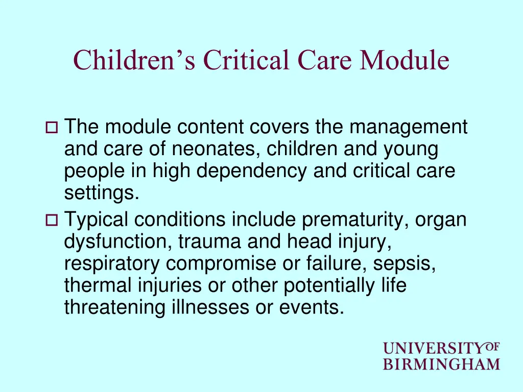 children s critical care module