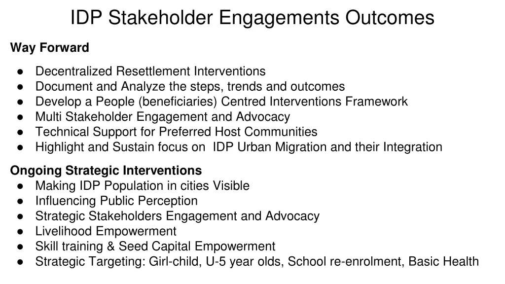 idp stakeholder engagements outcomes