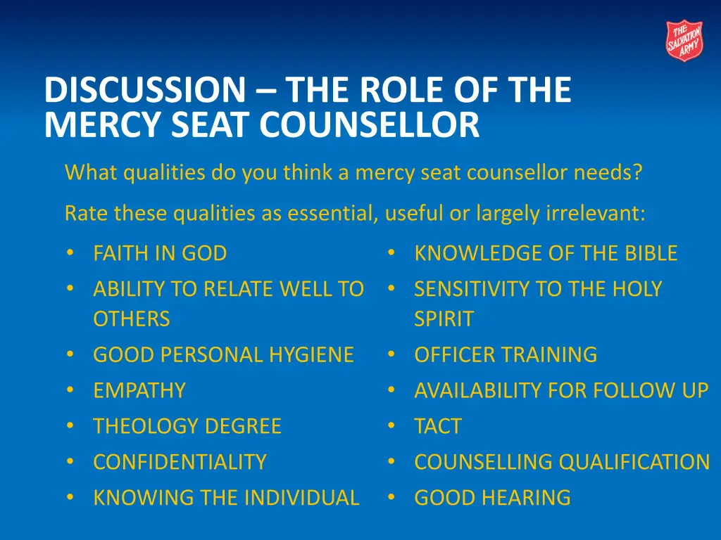 discussion the role of the mercy seat counsellor