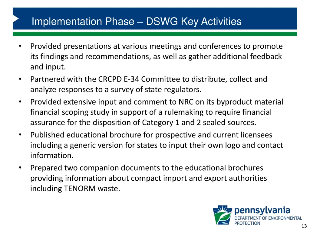 implementation phase dswg key activities