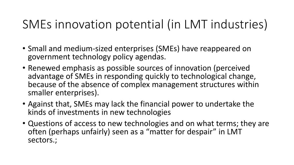 smes innovation potential in lmt industries