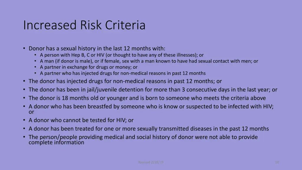 increased risk criteria