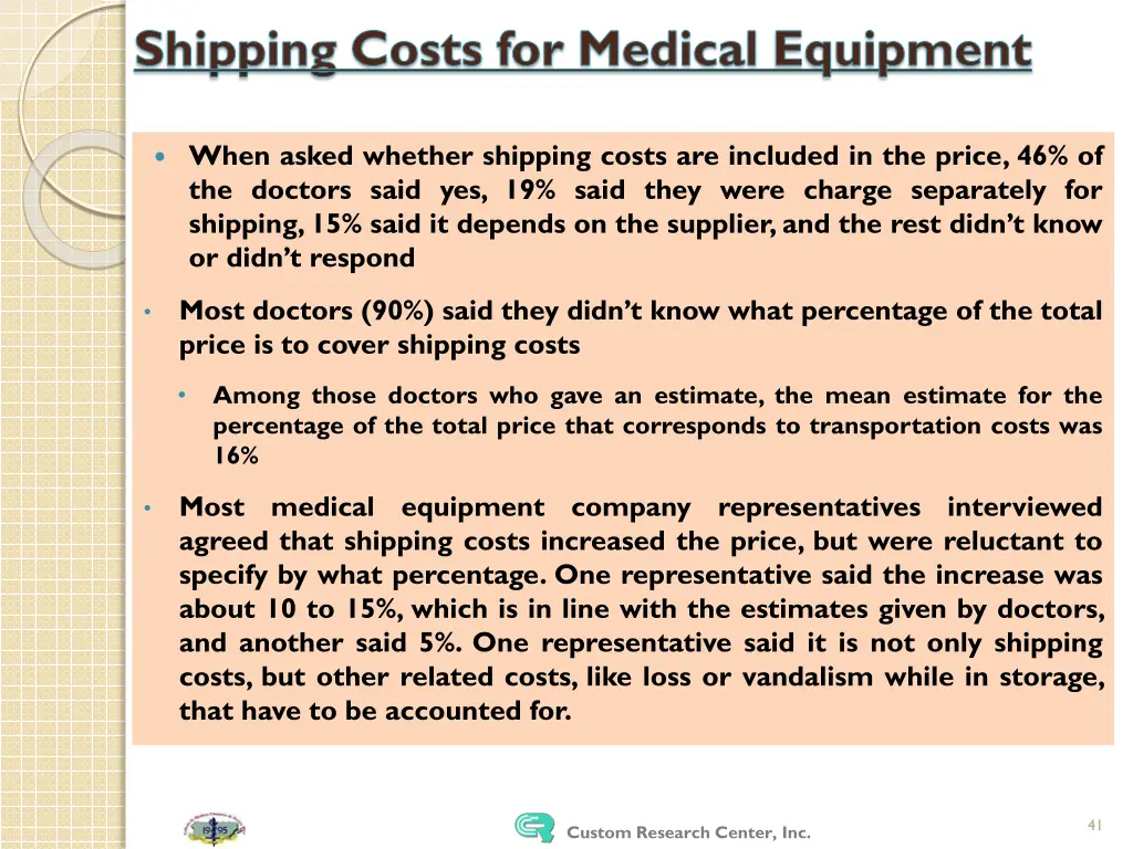 shipping costs for medical equipment