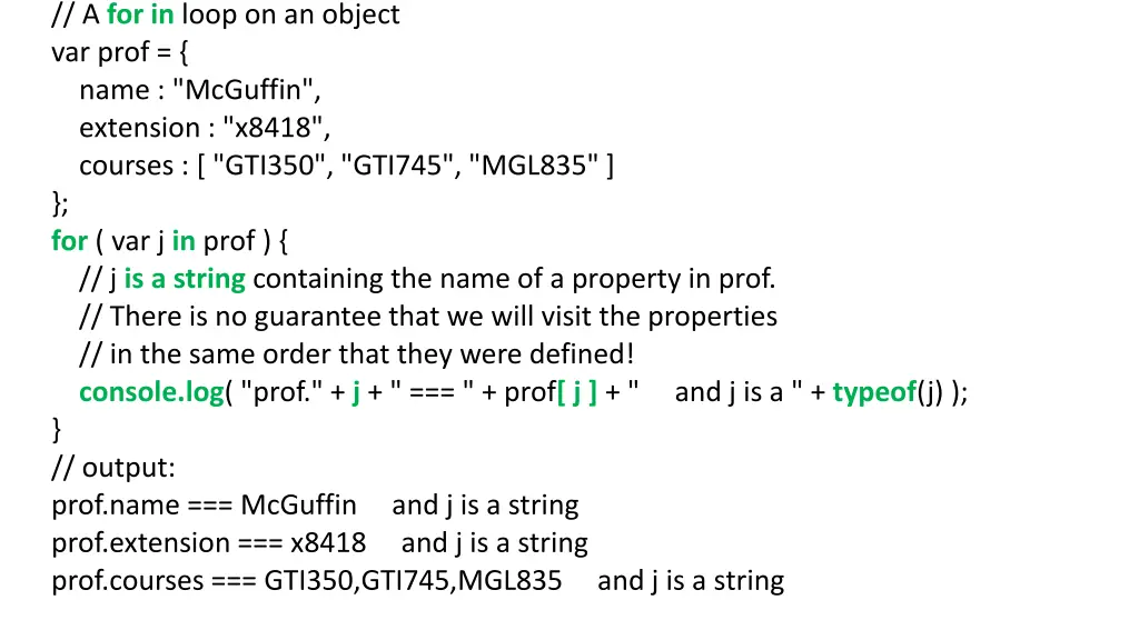 a for in loop on an object var prof name mcguffin