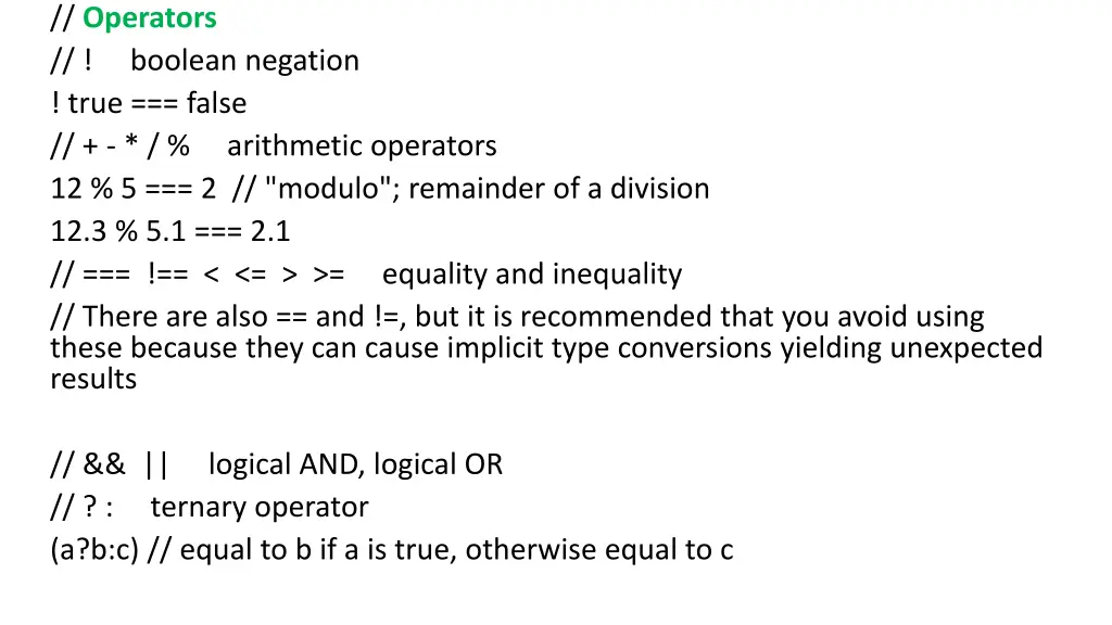 operators boolean negation true false arithmetic