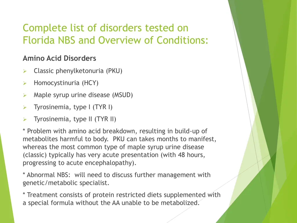 complete list of disorders tested on florida