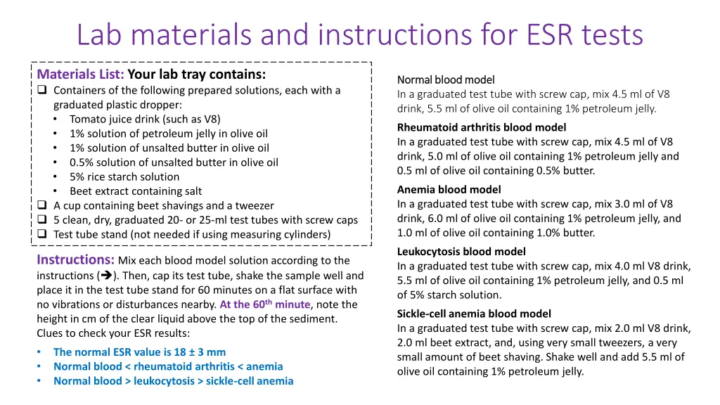 lab materials and instructions for esr tests