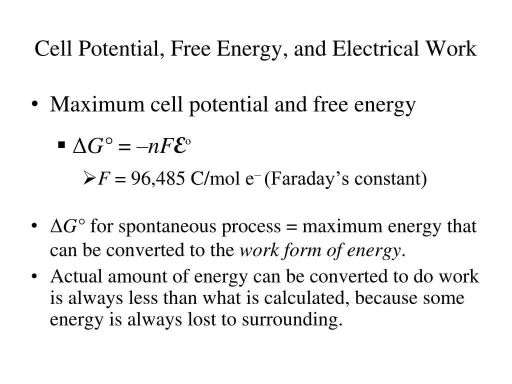 cell potential free energy and electrical work