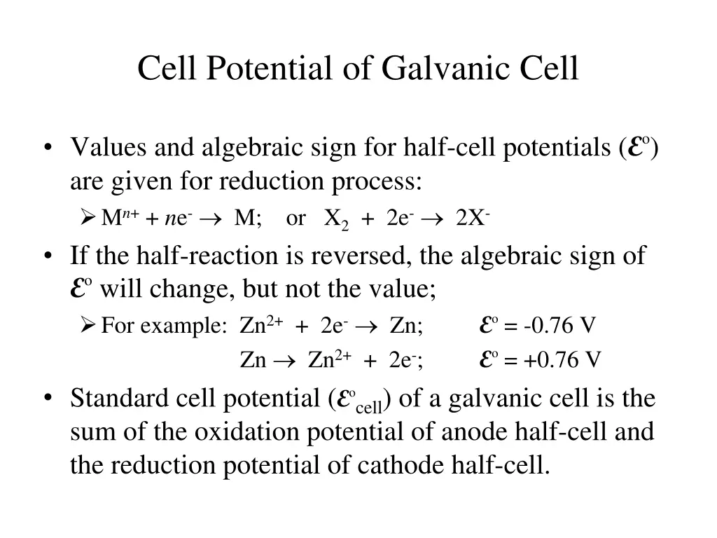 cell potential of galvanic cell