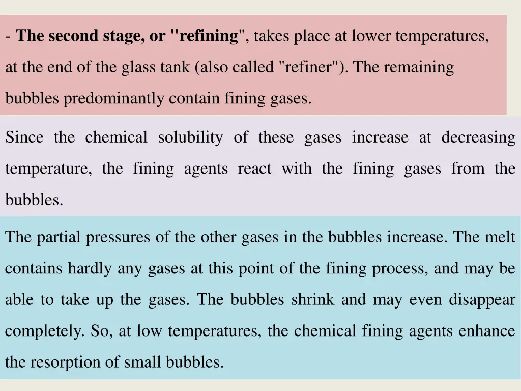 the second stage or refining takes place at lower