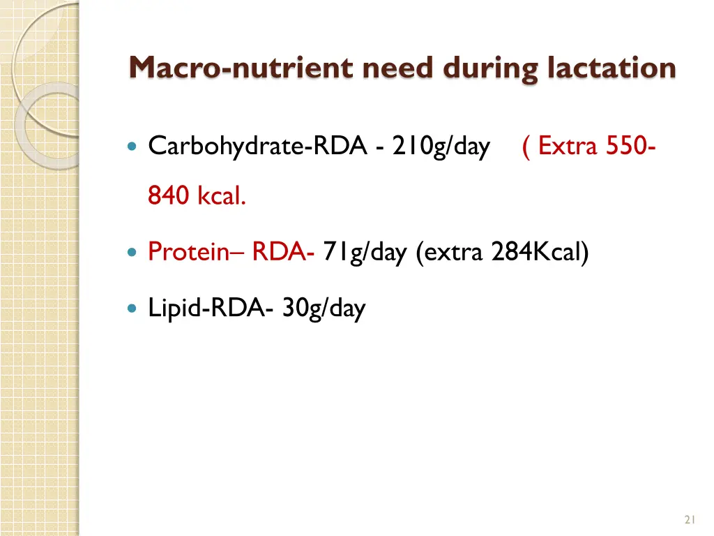 macro nutrient need during lactation