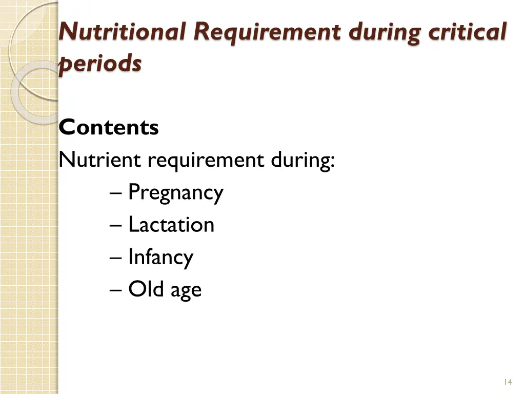 nutritional requirement during critical periods