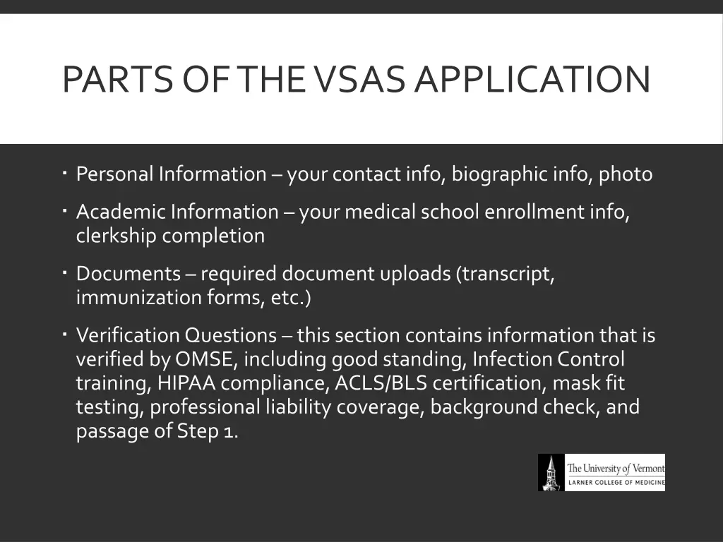 parts of the vsas application