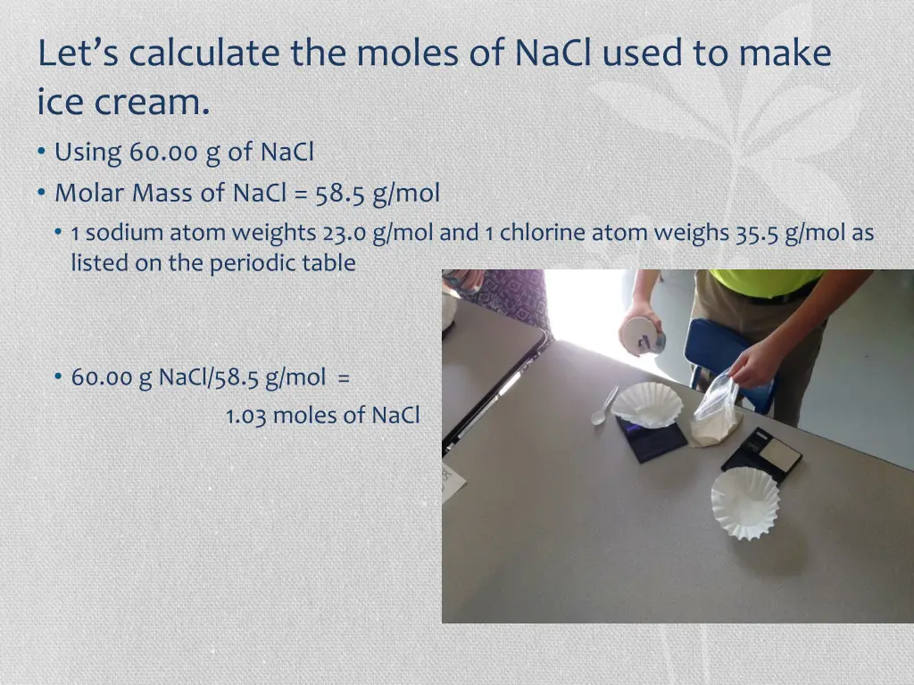 let s calculate the moles of nacl used to make