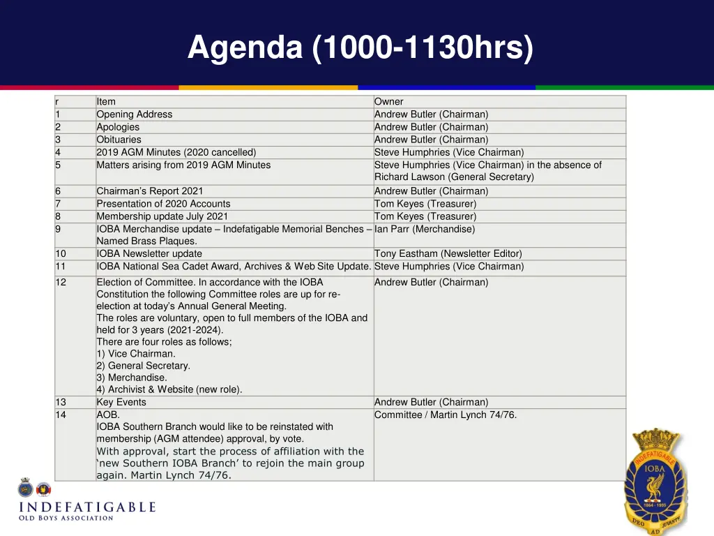 agenda 1000 1130hrs