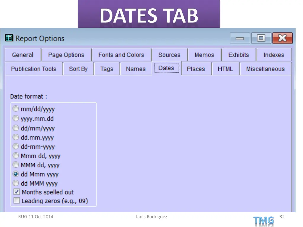 dates tab