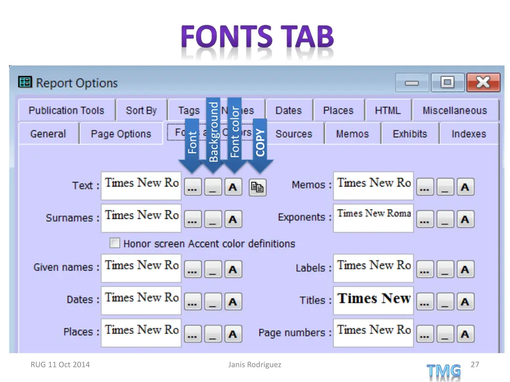 fonts tab