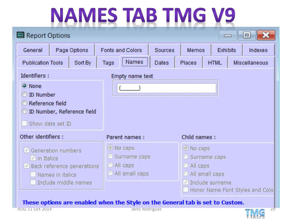 names tab tmg v9