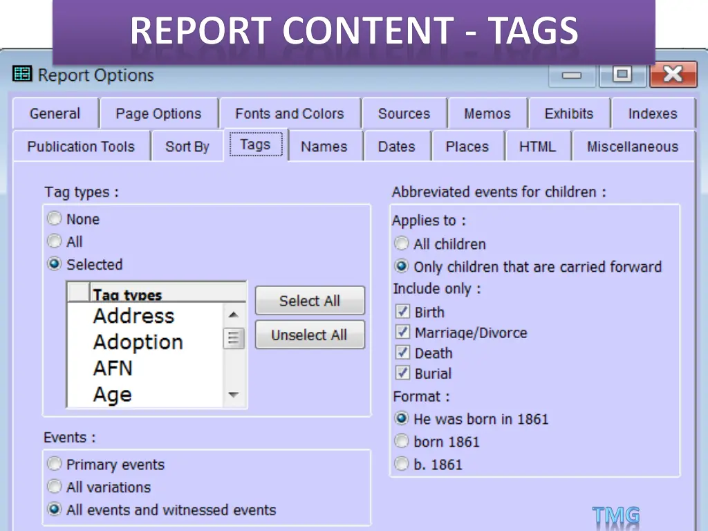 report content tags