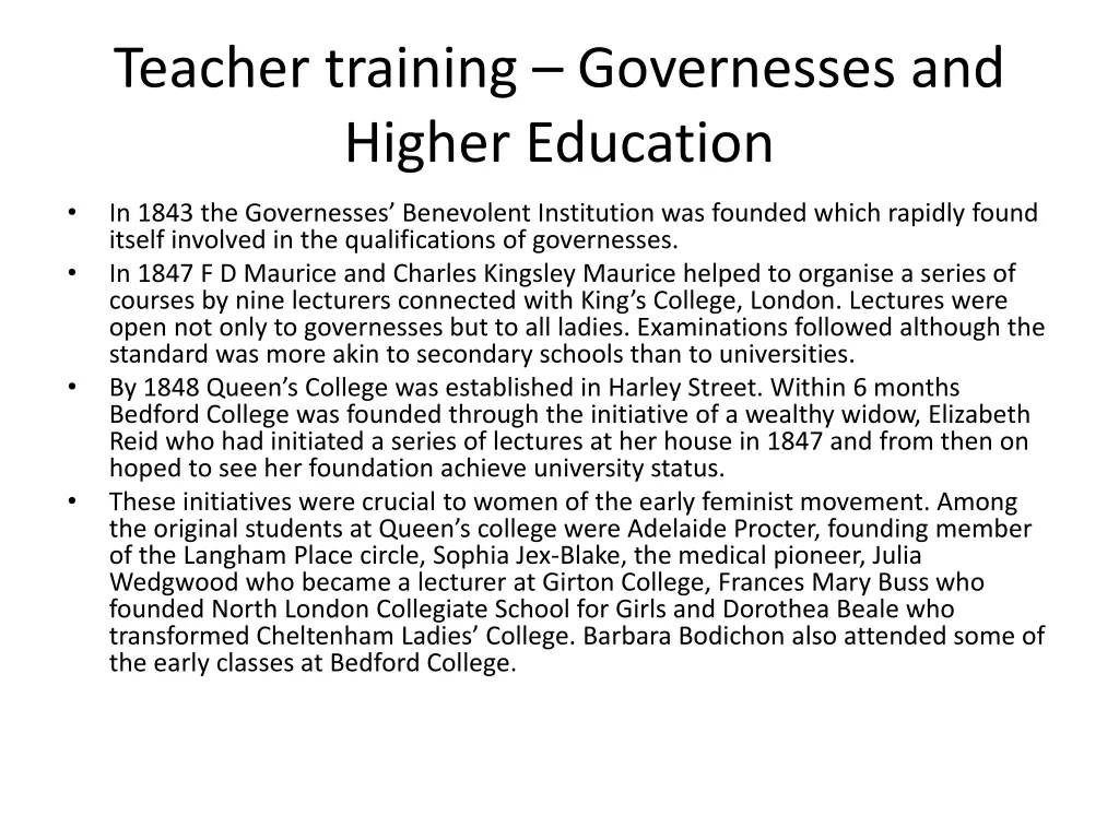 teacher training governesses and higher education