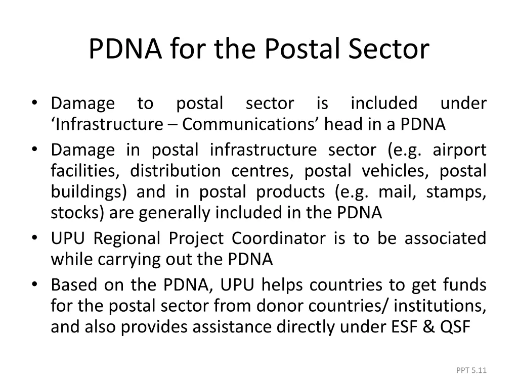 pdna for the postal sector