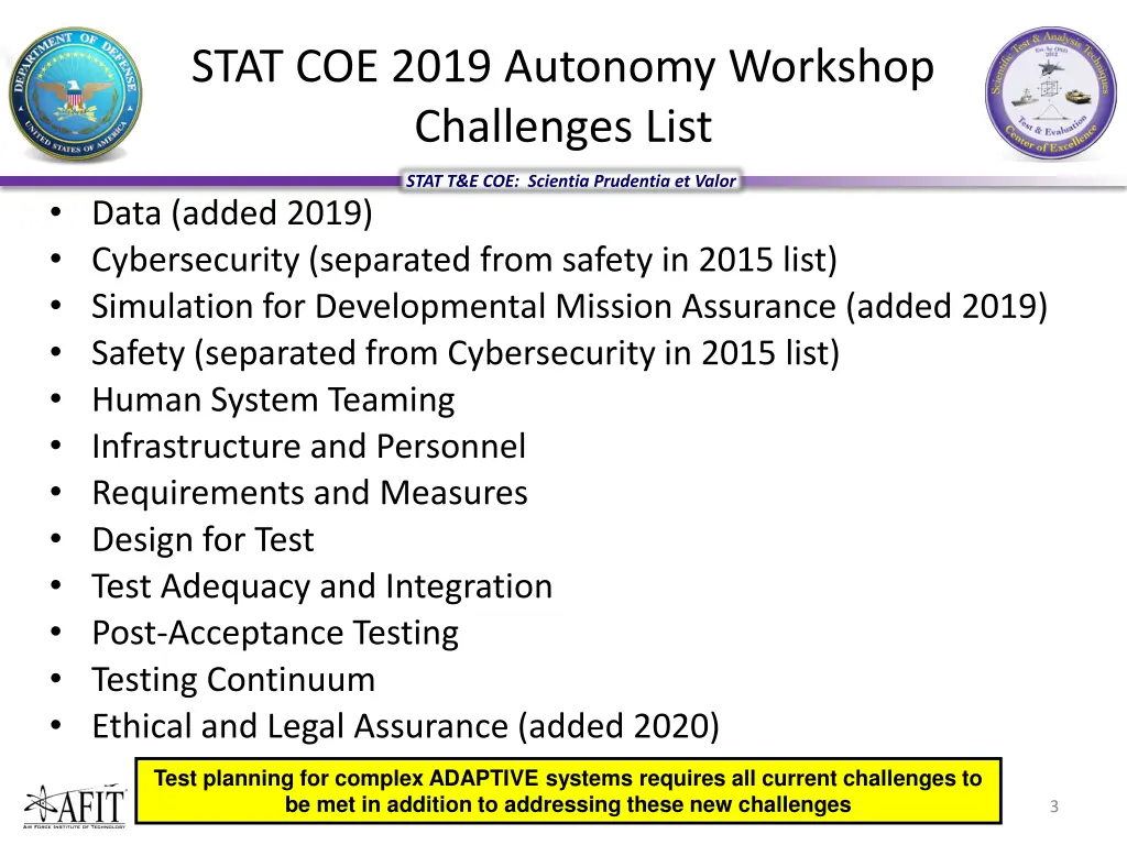 stat coe 2019 autonomy workshop challenges list