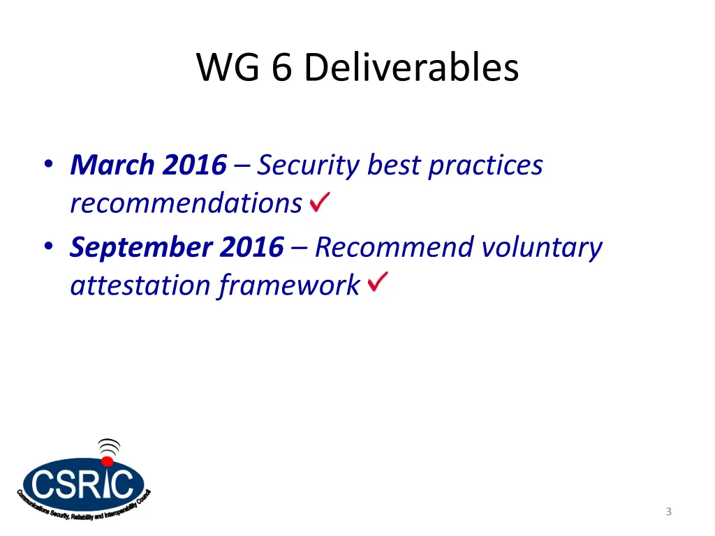 wg 6 deliverables