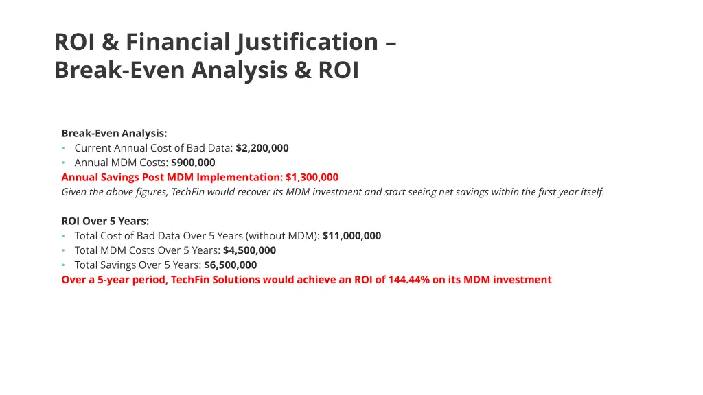 roi financial justification break even analysis