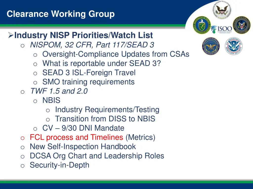 clearance working group