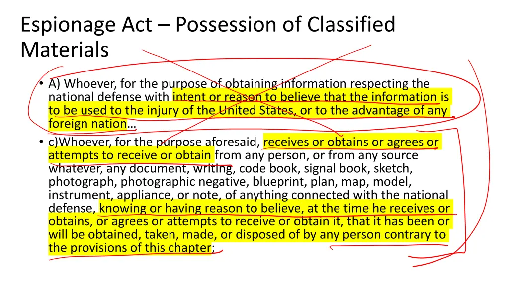 espionage act possession of classified materials