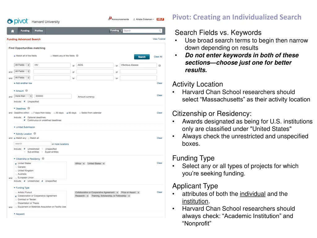 pivot creating an individualized search