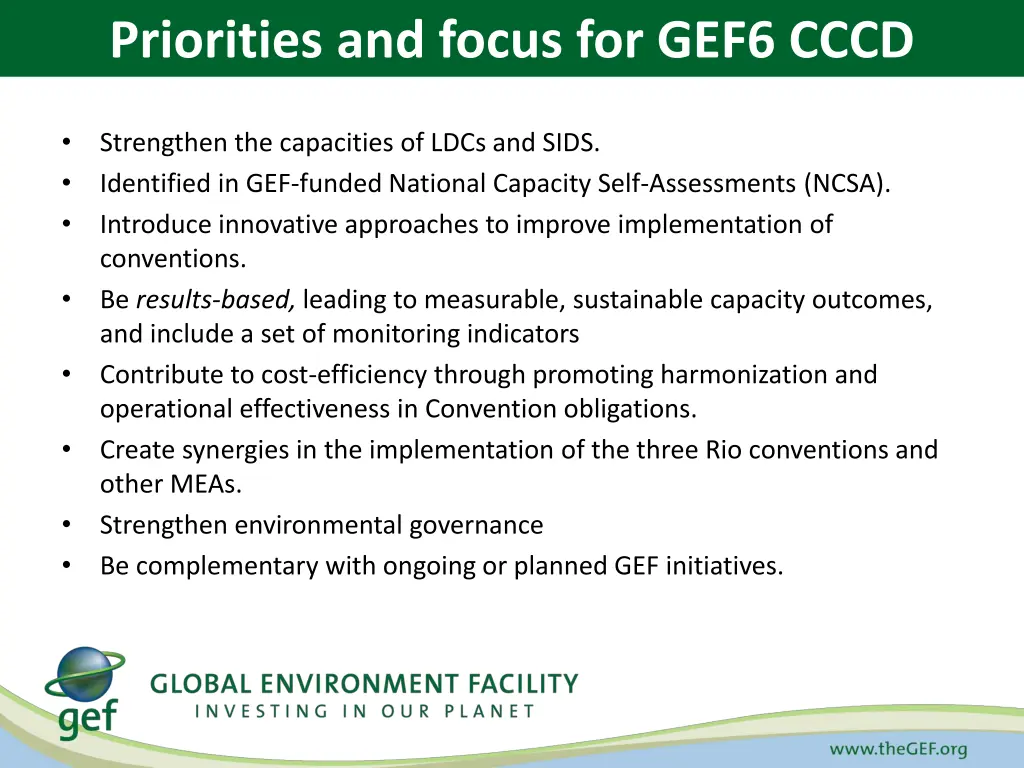 priorities and focus for gef6 cccd