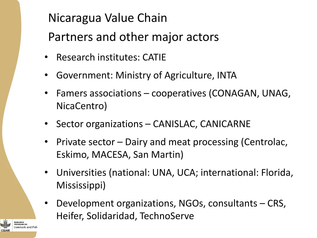 nicaragua value chain partners and other major