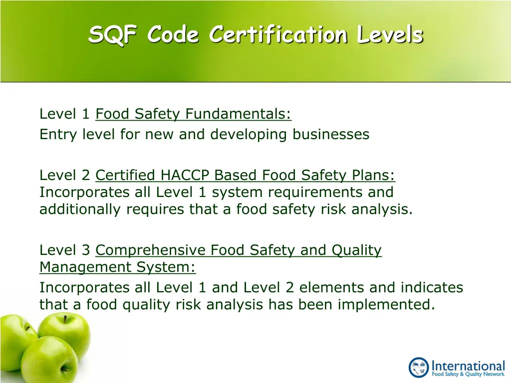 sqf code certification levels 1