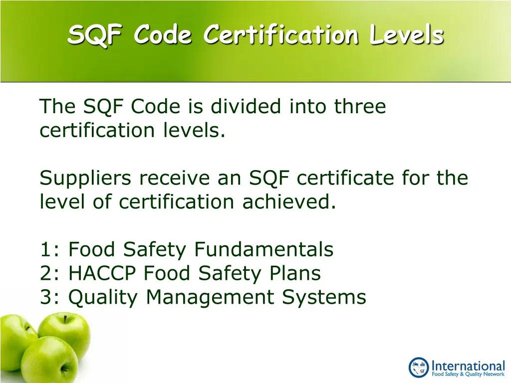 sqf code certification levels