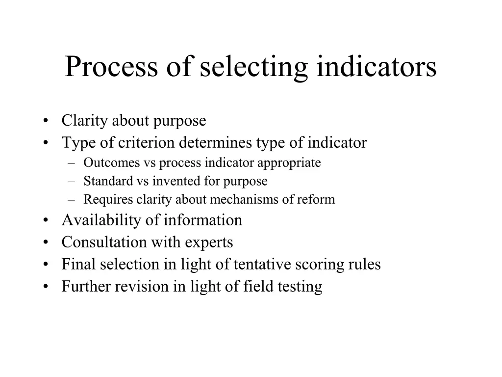 process of selecting indicators