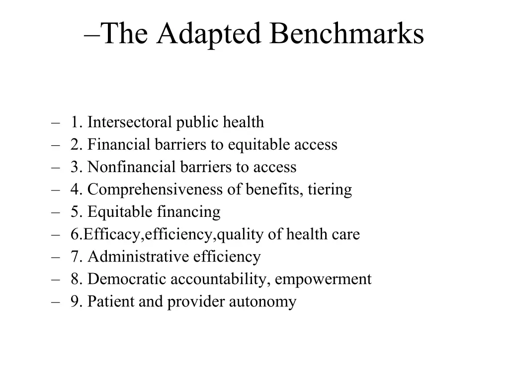 the adapted benchmarks