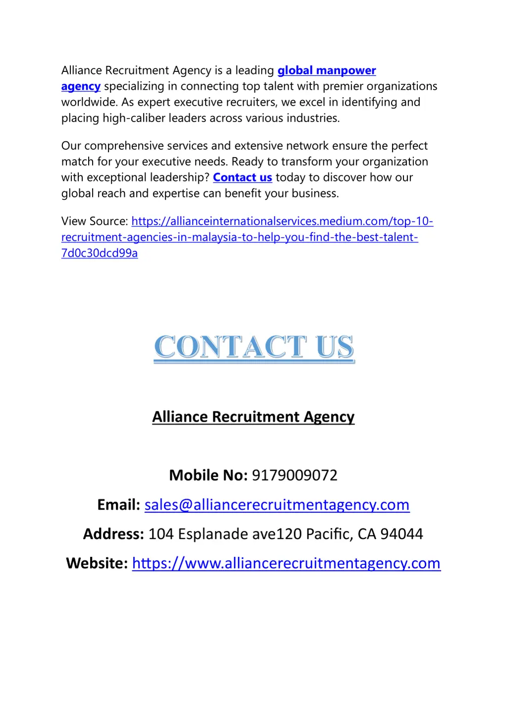 alliance recruitment agency is a leading global