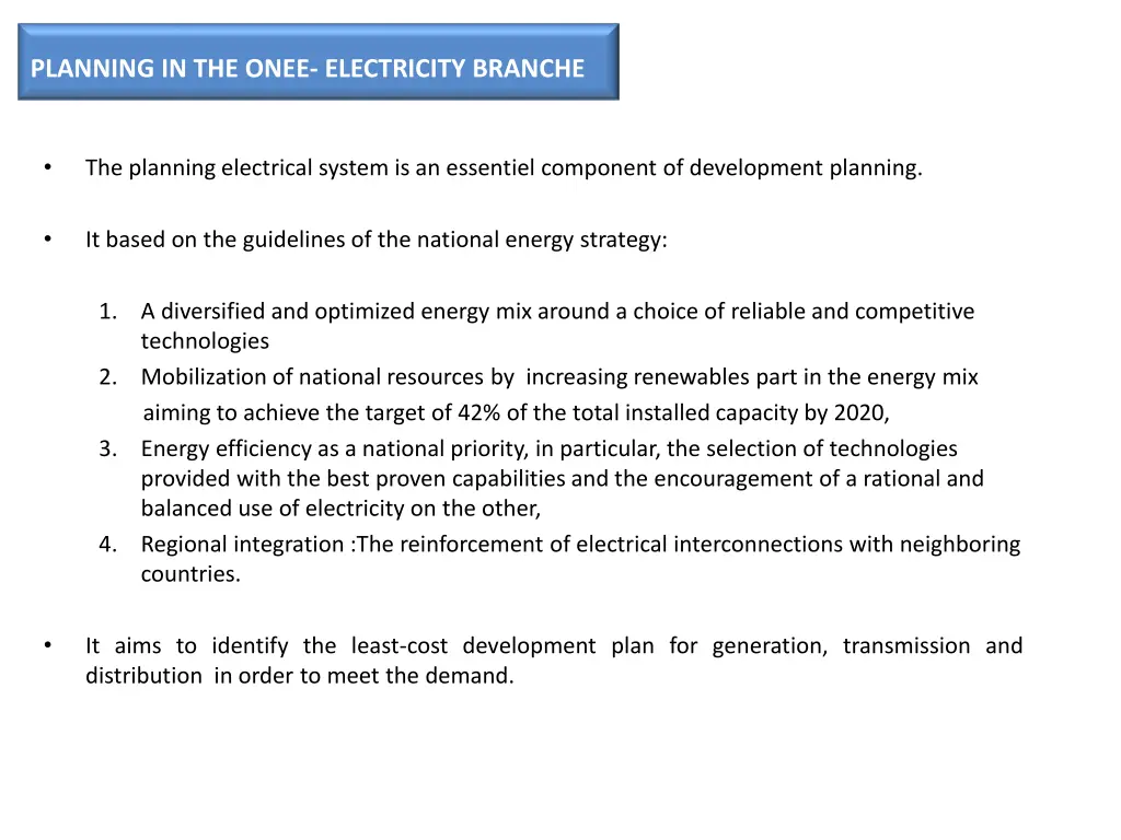 planning in the onee electricity branche