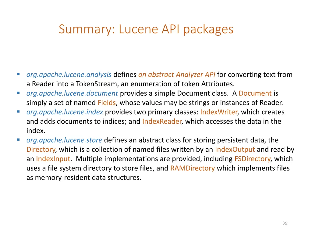 summary lucene api packages