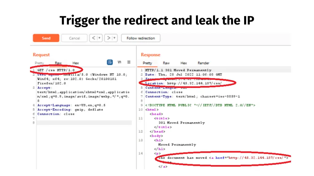 trigger the redirect and leak the ip