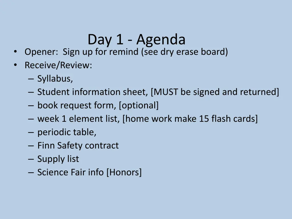 day 1 agenda