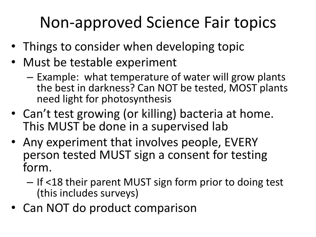 non approved science fair topics things