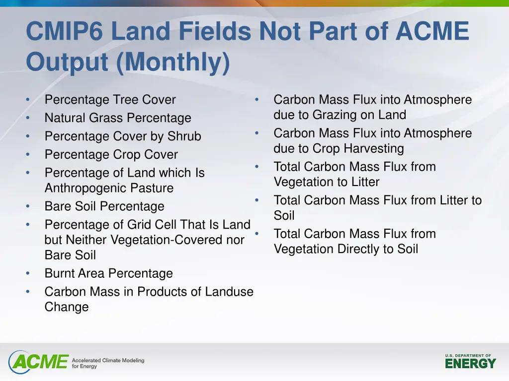 cmip6 land fields not part of acme output monthly