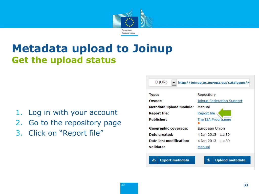 metadata upload to joinup get the upload status