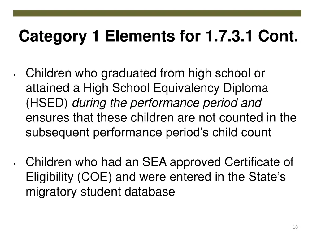 category 1 elements for 1 7 3 1 cont