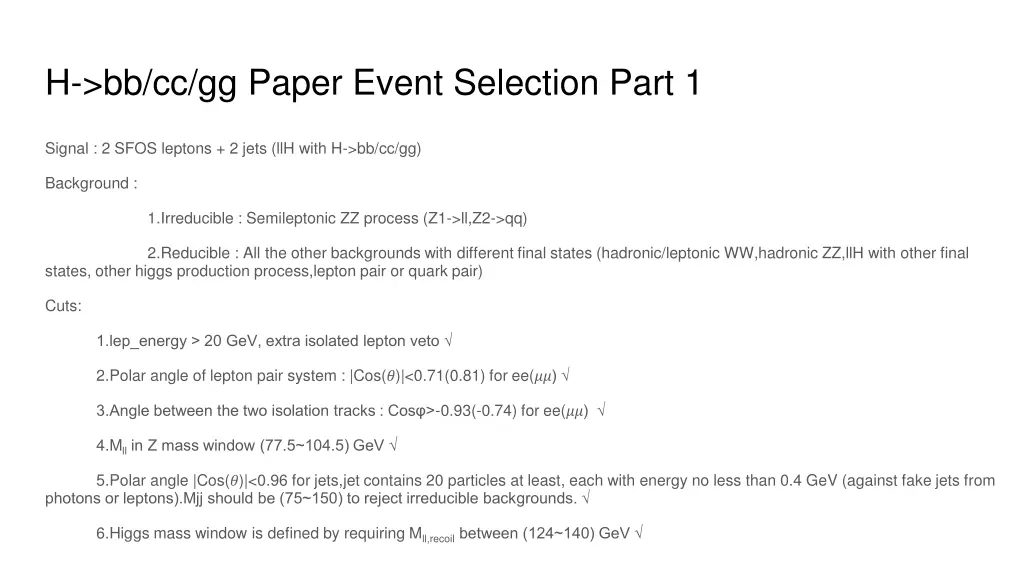 h bb cc gg paper event selection part 1