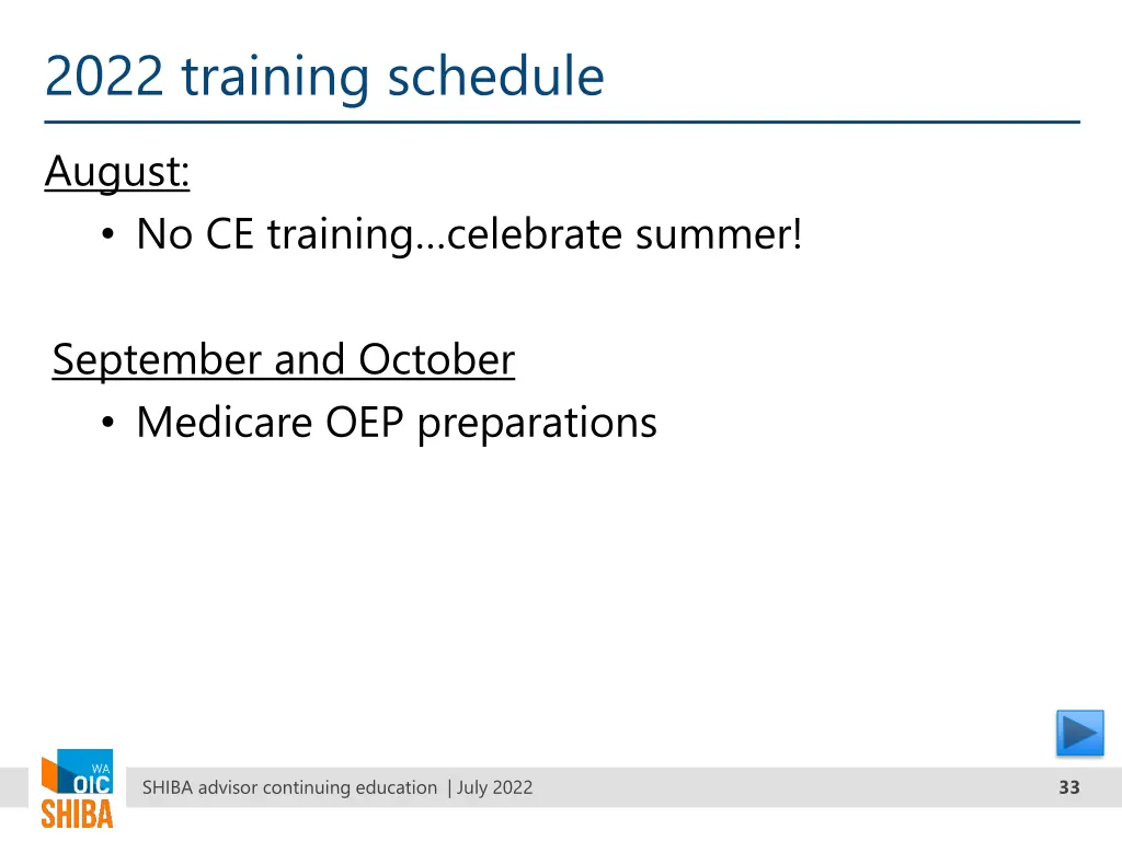 2022 training schedule