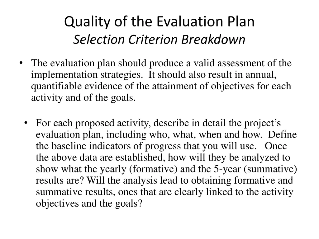 quality of the evaluation plan selection 1