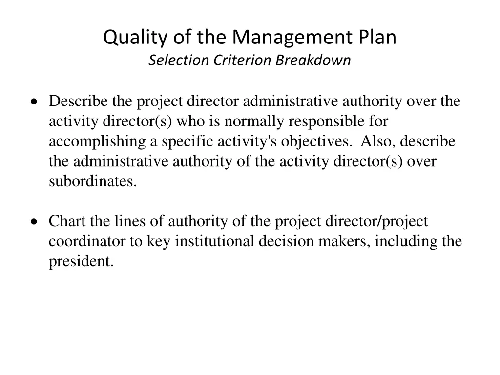 quality of the management plan selection 1